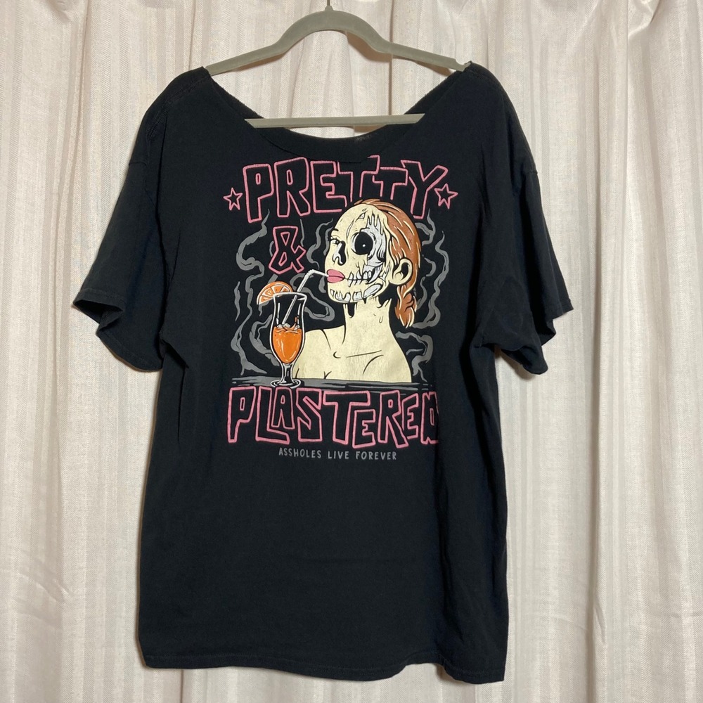Assholes Live Forever Pretty & Plastered Graphic Tee Black Mens L Cut Neck‎